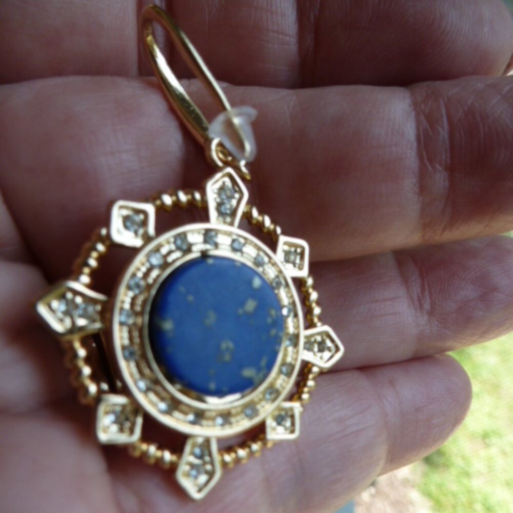 NEW blue Lapis rhinestone medallion dangle earrings - Picture 4 of 5